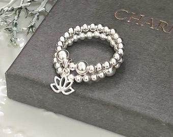 Silver stretch ring set  - gift for her  - stacking ring - sterling silver mixed beads - lotus flower charm / sterling silver 925