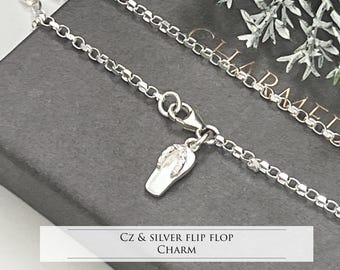 Ankle chain - sterling silver - elegant cz flip flop charm - gift for her - ladies anklet - 925