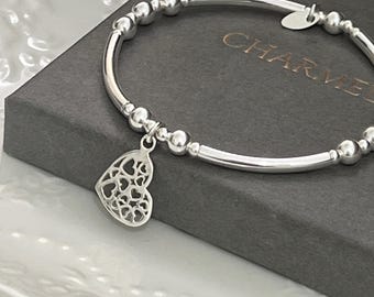 Sterling Silver Beaded Stretch stacking Bracelet - hearts charm - gift for her - 925