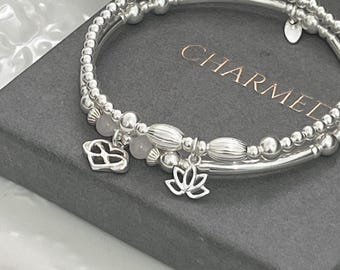 Sterling Silver Stacking Bracelet set - lotus flower and infinity heart charms - gift for her 925