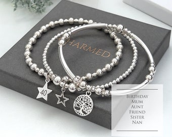 Sterling silver dainty stretch stacking bracelet trio - birthday - initial - star charm - tree of life - 925