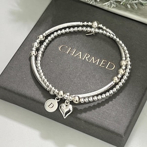 Sterling Silver stretch bracelet  Set: silver charms - laser engraved options - 925 - love heart set Easter offer x