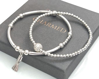 Sterling silver stacking bracelet set - tassel charm - 10mm focal bead - ladies gift - 925