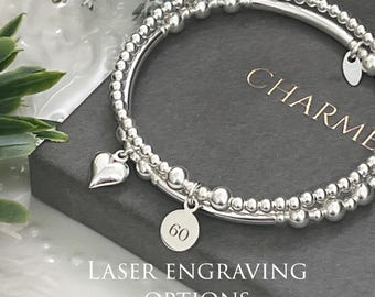 Ladies stretch stacking bracelet - beaded bracelet set - heart and engraved charm - gift for her - options