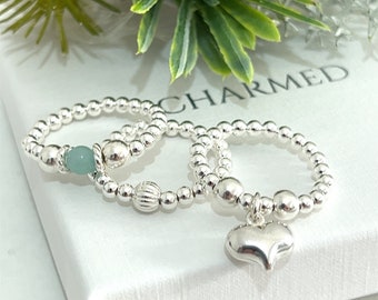 Sterling silver stretch ring set 3 stretch rings with heart charm amazonite beads - ladies gifts 925 offer