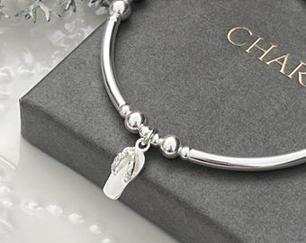 Ladies stretch stacking bracelet - silver cz flip flop charm / beach lover gift - gift for her - 925