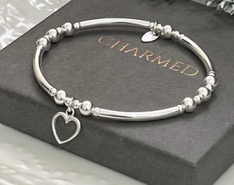 Sterling Silver Beaded Stretch stacking Bracelet - open heart charm - gift for her - 925