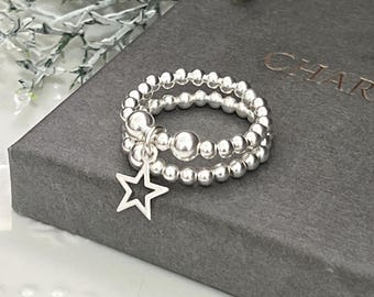 Silver stretch ring set  - gift for her  - stacking ring - sterling silver mixed beads - silver star - sterling silver 925