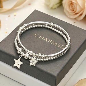 Sterling Silver stretch bracelet  Set: Sterling silver stars stacking bracelet set - gift for her - laser engraved - 925