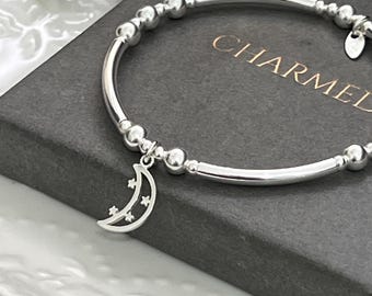 Sterling Silver Beaded Stretch stacking Bracelet - moon stars charm - gift for her - 925