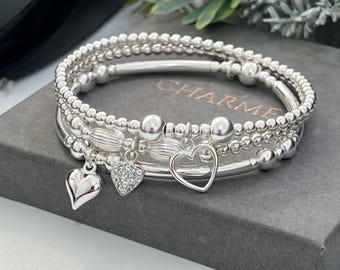 Sterling Silver Stacking Bracelet Set - Christmas Gift - ladies gift - starter set - silver stretch bracelet set - 925 - in stock