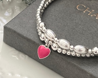 Sterling silver stretch bracelet stacking bracelet set - pink heart and oval patterned beads. Gift for her , 925