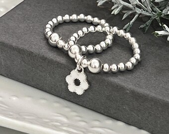 Silver stretch ring set  - gift for her  - stacking ring - sterling silver mixed beads - flower charm - 925