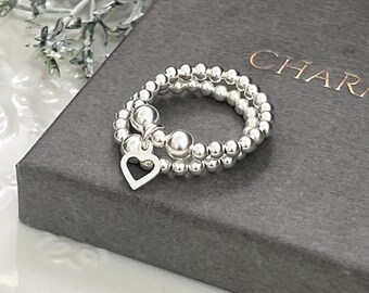 Silver stretch ring set  - gift for her  - stacking ring - sterling silver mixed beads - mini heart charm - 925
