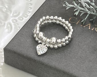 Silver stretch ring set  - gift for her  - stacking ring - sterling silver cz heart set - Christmas gift - gift for her.