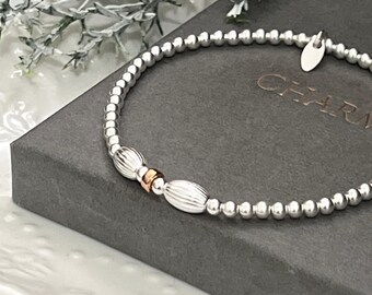 Ladies stretch stacking bracelet - beaded bracelet - mixed beads - gift for her - rose gold filled focal beads - sterling silver 925 7 inch