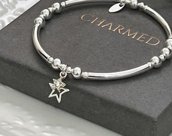 Sterling Silver Beaded Stretch stacking Bracelet - double star charms - cz star - gift for her - Christmas gift - 925