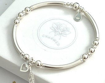 Sterling silver stretch bracelet stacking bracelet with feather heart charms ladies gifts 925 - offer