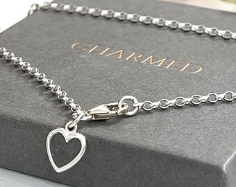 Sterling silver ankle chain with a sterling silver 10mm open heart design charm placement option ladies gifts 925