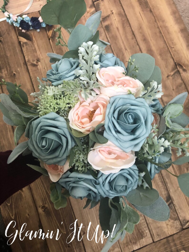 Dusty Blue and Blush Rose Wedding Bouquet Boutonnière Etsy