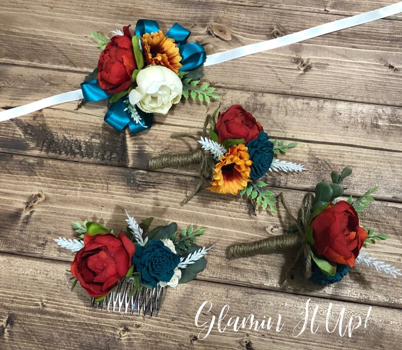 Sola and artificial flowers Dark Teal and Orange Boho Bouquet Boutonni\u00e8re Hair Comb and Corsage
