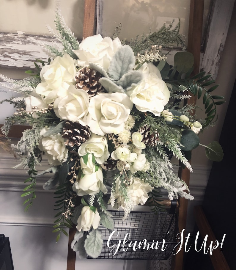 Extra large White Winter Wedding Cascading Bridal Bouquet with image 1