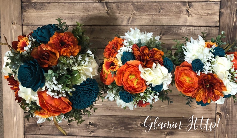 Sola and artificial flowers Dark Teal and Orange Boho Bouquet Boutonni\u00e8re Hair Comb and Corsage