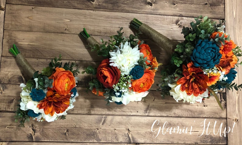 Sola and artificial flowers Dark Teal and Orange Boho Bouquet Boutonni\u00e8re Hair Comb and Corsage