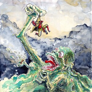 Könnte beinhalten: Ein Aquarellbild eines grünen Monsters mit einem großen Maul und scharfen Zähnen, das nach oben greift, um eine kleine rote und gelbe Figur mit einer Waffe zu greifen.