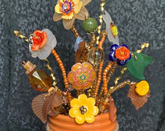 Burnt Orange Ceramic Mason Jar Autumn Beaded Floral Arrangement