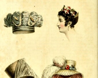 May include: A vintage illustration of four different head dresses. The first is a white and blue turban-like hat. The second is a woman with dark hair wearing a red and white flower crown. The third is a brown top hat with a white lace veil. The fourth is a white and pink straw hat with a white feather and a red berry.