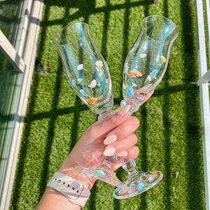 Crystal Hand Painted Champagne Flute, Personalized Champagne Flutes set of 2, Hand Painted Floral Champagne Glass Set