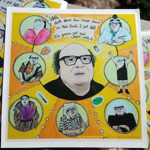 May include: A yellow and orange illustrated sticker featuring a cartoon of the character Frank Reynolds from the TV show It's Always Sunny in Philadelphia. The sticker features the quote "Well, I don't know how many years on this Earth I got left. I'm gonna get real weird with it."