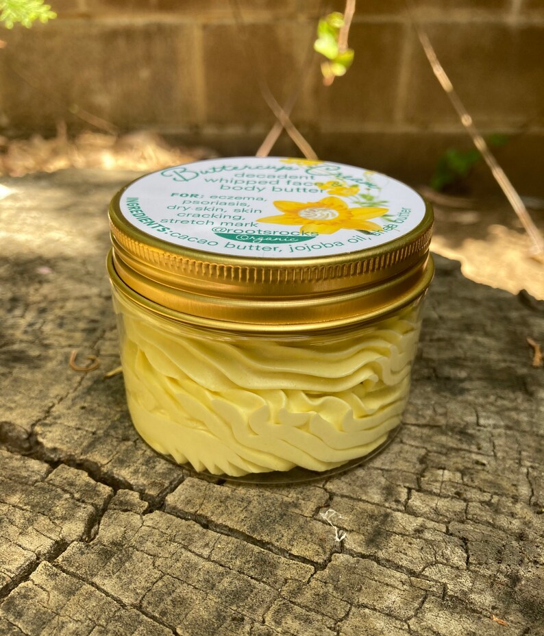 Buttercup Cream: a decadent whipped face & body butter. Healing for eczema, psoriasis, dry cracked skin, stretch mark prevention with cocoa image 1