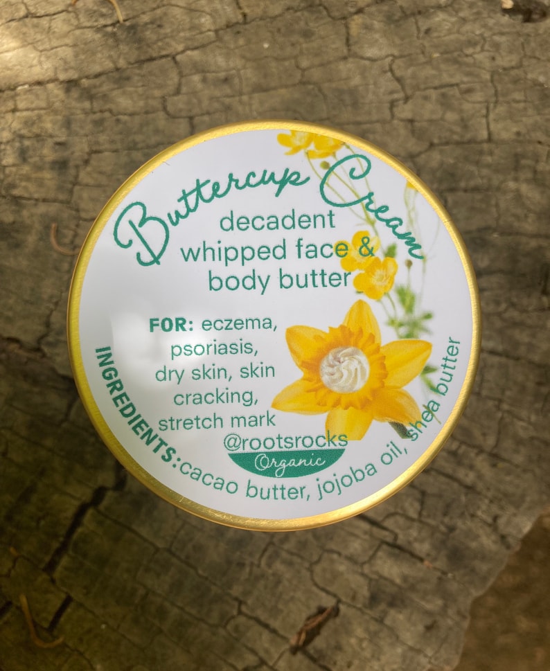 Buttercup Cream: a decadent whipped face & body butter. Healing for eczema, psoriasis, dry cracked skin, stretch mark prevention with cocoa image 2