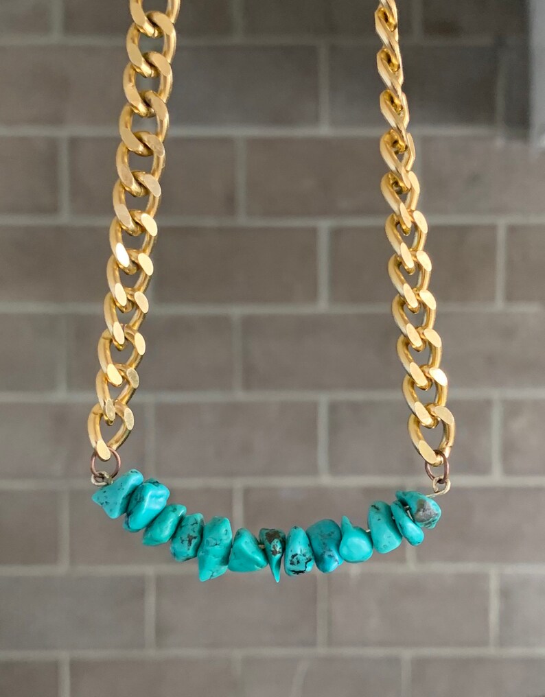 RARE turquoise stone Outlander inspired necklaces on gold cuban link chain aqua carib, tribal, minimalist, boho, statement, throat chakra image 1