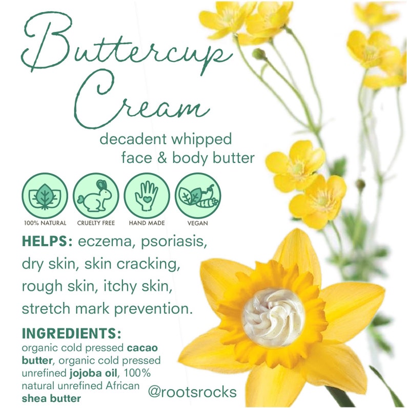 Buttercup Cream: a decadent whipped face & body butter. Healing for eczema, psoriasis, dry cracked skin, stretch mark prevention with cocoa image 3