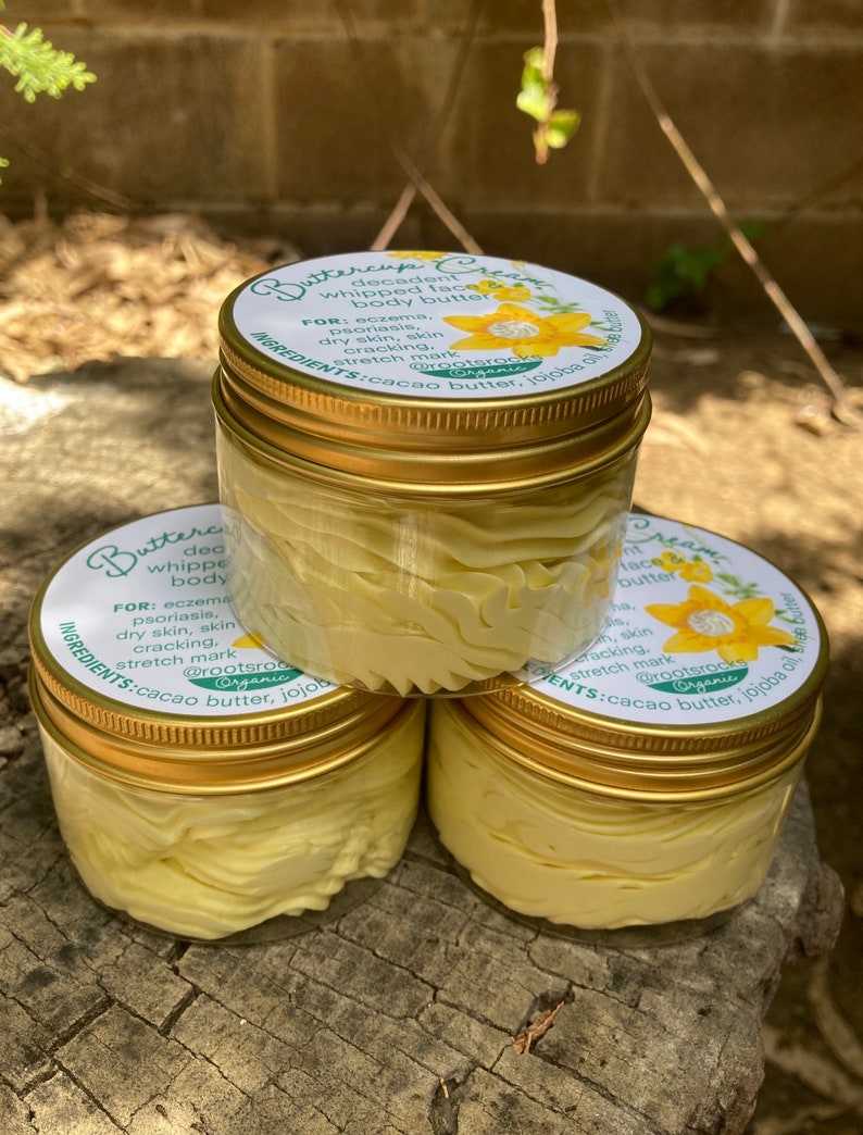 Buttercup Cream: a decadent whipped face & body butter. Healing for eczema, psoriasis, dry cracked skin, stretch mark prevention with cocoa image 4