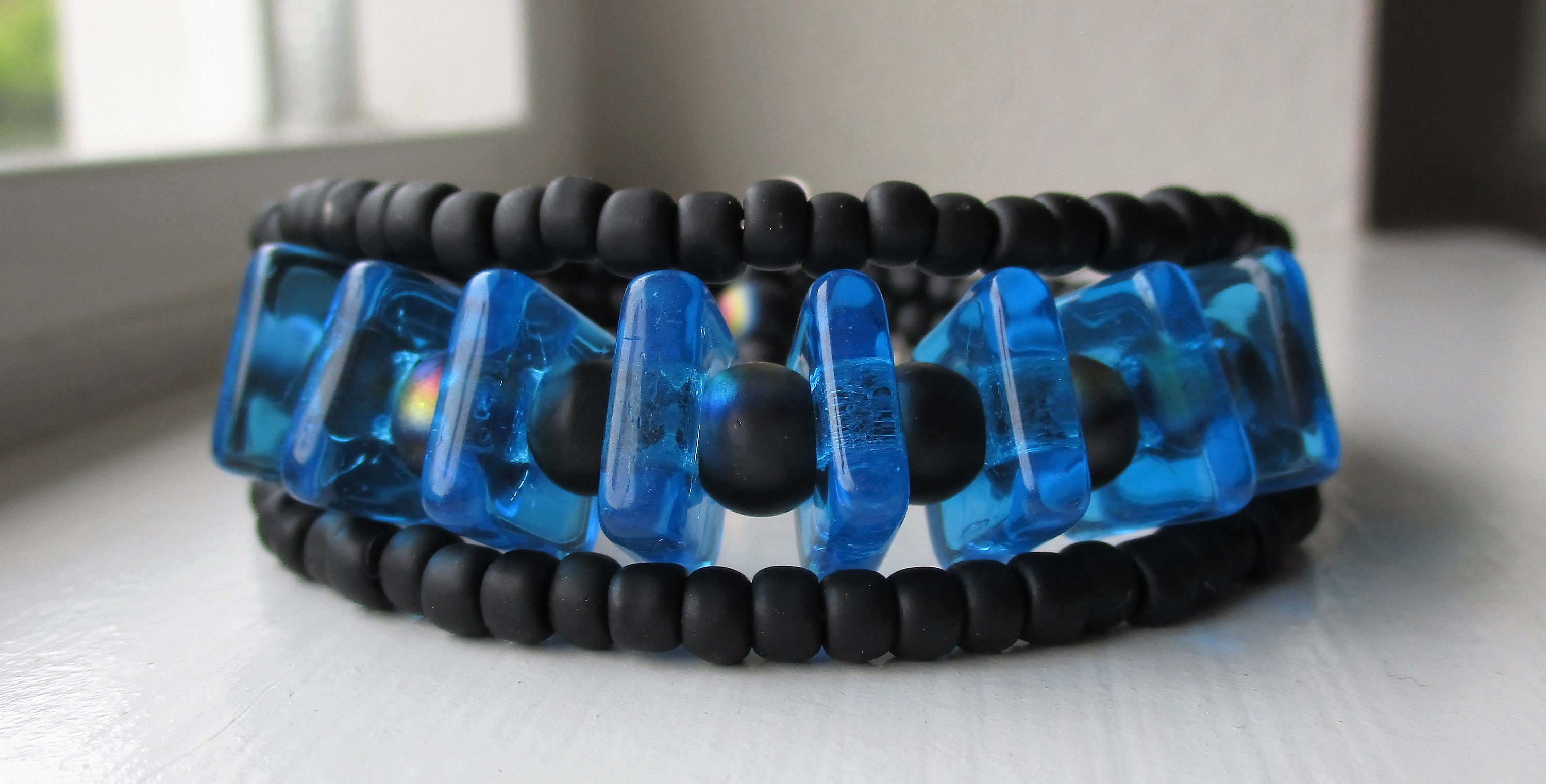 Matte Black Glass Beads and Blue Square Glass Beads Make This Etsy
