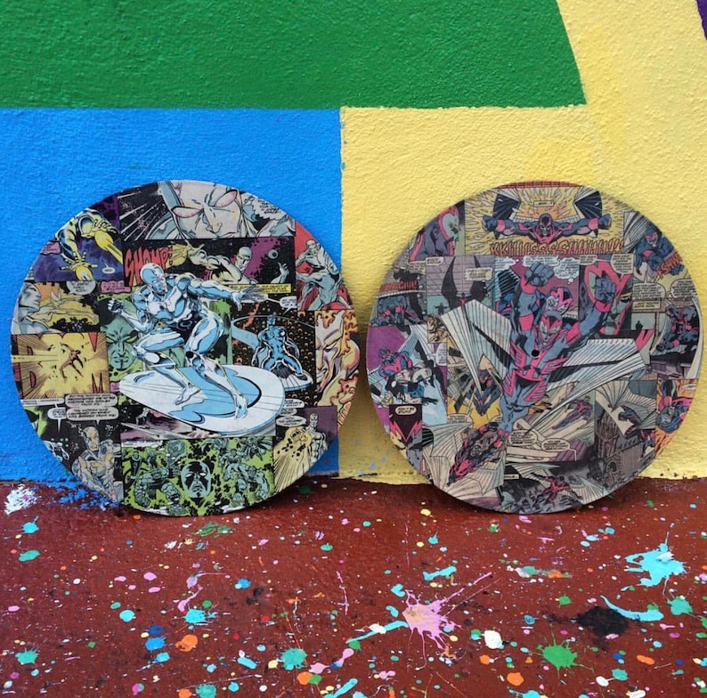 Comic Collage Art on Vinyl Record Vintage Repurposed Art Etsy