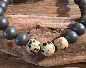 Frosted Hematite Beaded Bracelet with Polished Dalmation JASPER Healing Beads// B.J.B.A.// MEN'S BRACELET//Healing Bracelet//Unisex Bracelet