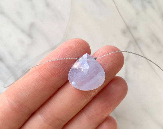 Blue Lace AGATE Gem Drop Healing NECKLACE w/ Faceted Briolette Bead on Nylon Cord// Layering Necklace// HEALING Necklace// Delicate Necklace