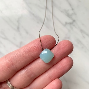 Cushion Cut BLUE CHALCEDONY Gem Drop Healing NECKLACE w/Faceted Briolette Bead on Sturdy Cord// Layering Necklace// Healing Necklace