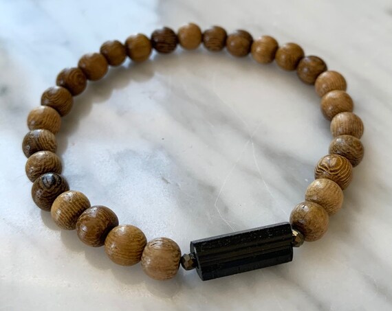Beautiful BLACK TOURMALINE Beryl + Pyrite Healing Beads w/Robles Wood Beaded Bracelet// Stacking Bracelet// Statement Bracelet// PROTECTION