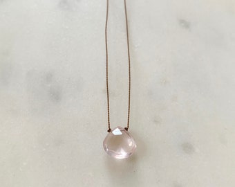 Rose Quartz GEM DROP Healing NECKLACE w/Faceted Briolette Bead on Nylon Cord w/Sterling Clasp// Layering Necklace// Healing Necklace// Heart