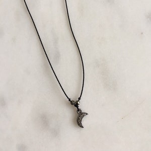 DIAMOND Sterling Moon Charm + Pyrite GEM Drop Healing NECKLACE on Silk Cord// Layering Necklace// Delicate Necklace// April Birthstone