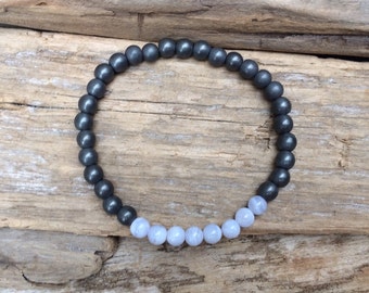 Frosted Hematite Beaded Bracelet with Polished Blue Lace AGATE Healing Beads// B.J.B.A.// MEN'S BRACELET// Healing Bracelet/ Unisex Bracelet