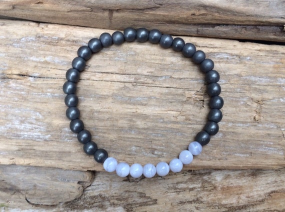 Frosted Hematite Beaded Bracelet with Polished Blue Lace AGATE Healing Beads// B.J.B.A.// MEN'S BRACELET// Healing Bracelet/ Unisex Bracelet