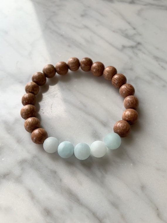 Matte AQUAMARINE Healing Beaded Bracelet w/Rose Wood// B.J.B.A.// MEN'S Bracelets// Healing Bracelet// Unisex Bracelet// MARCH Birthstone