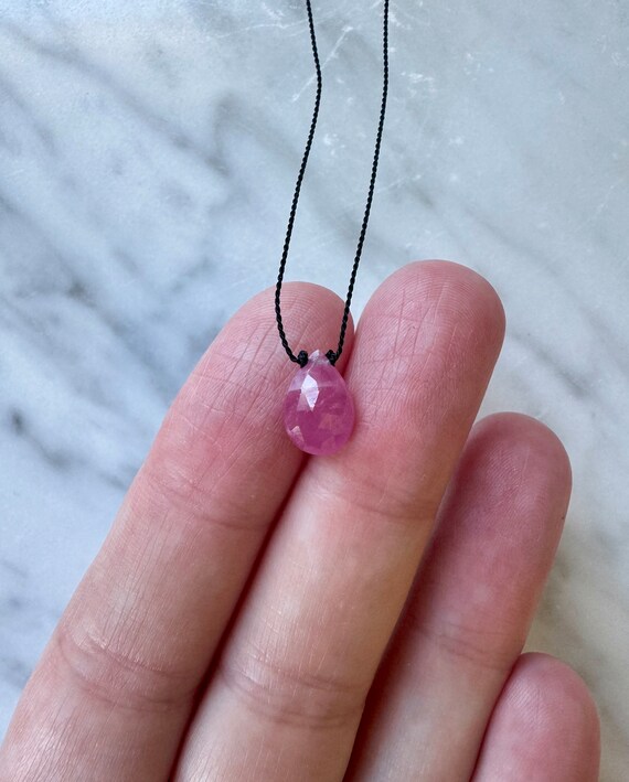 Pink SAPPHIRE Gem Drop Healing Necklace w/Faceted Briolette Drop Bead on Silk Cord/ Layering Necklace// Healing Necklace/ Birthstone Jewelry